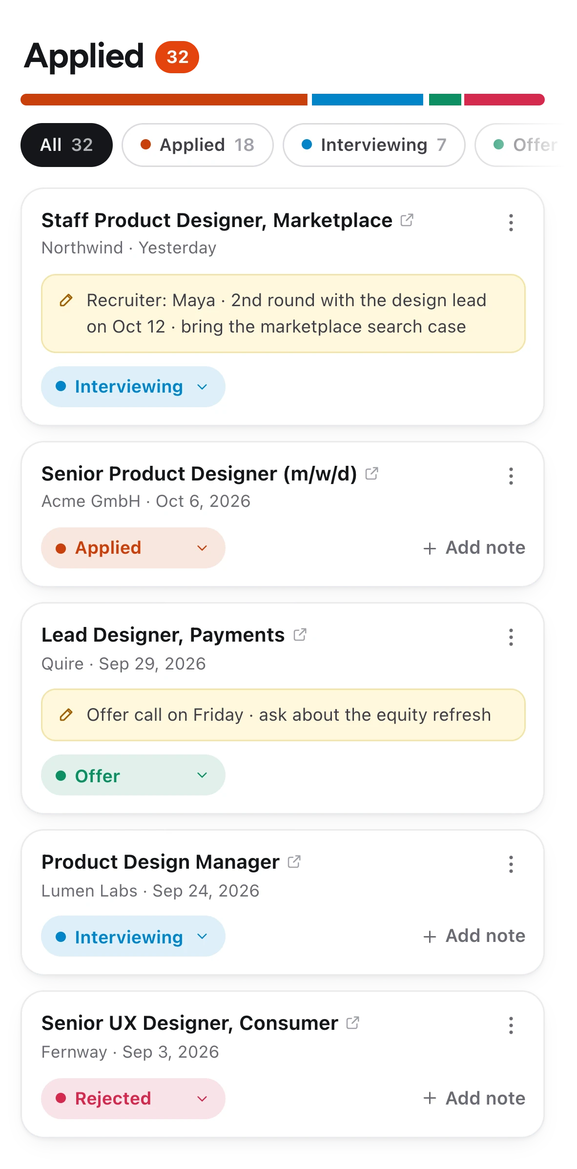 The Applied list: five applications with statuses Interviewing, Applied, Offer and Rejected, notes and links to each posting