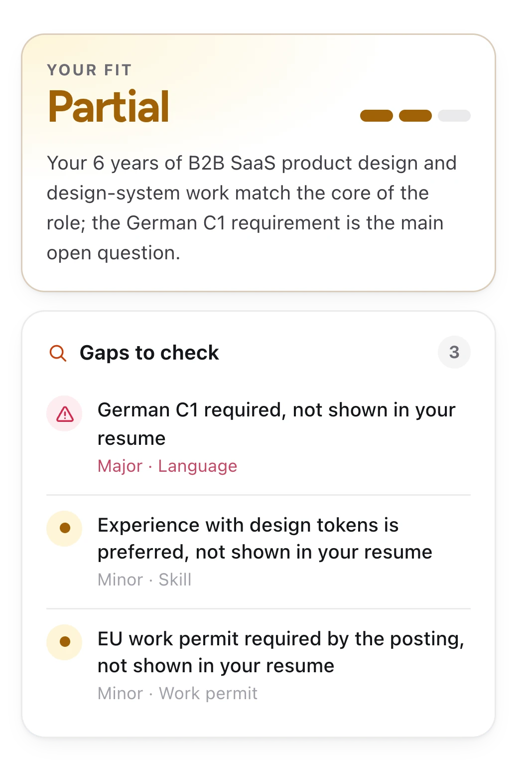 Your fit: Partial, with three gaps to check: German C1, design tokens and an EU work permit