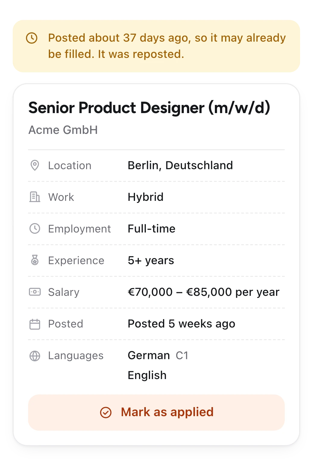 Warning that a listing was posted about 37 days ago and reposted, above the job's key facts