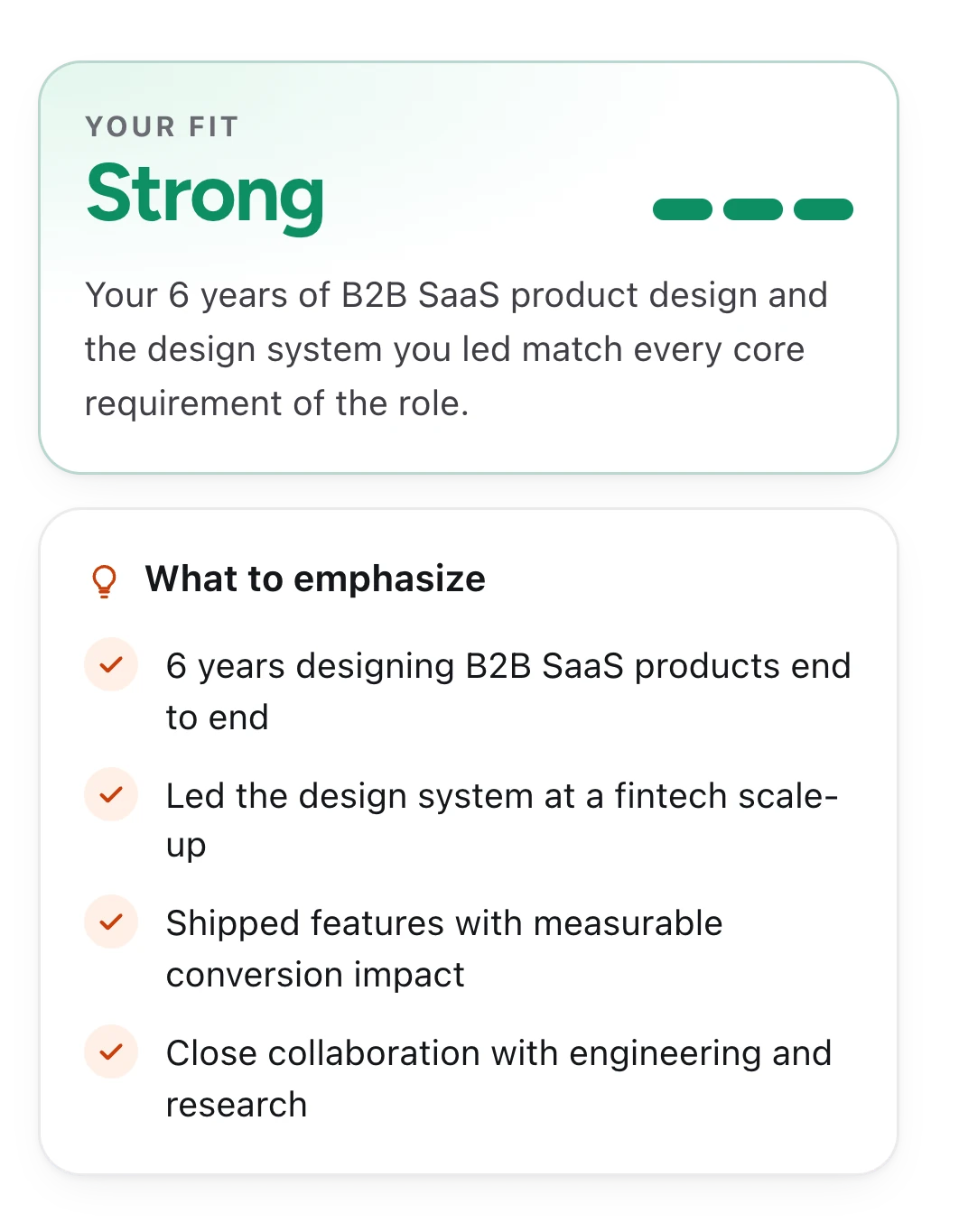 Your fit: Strong, and what to emphasize: four points from your experience that match the job
